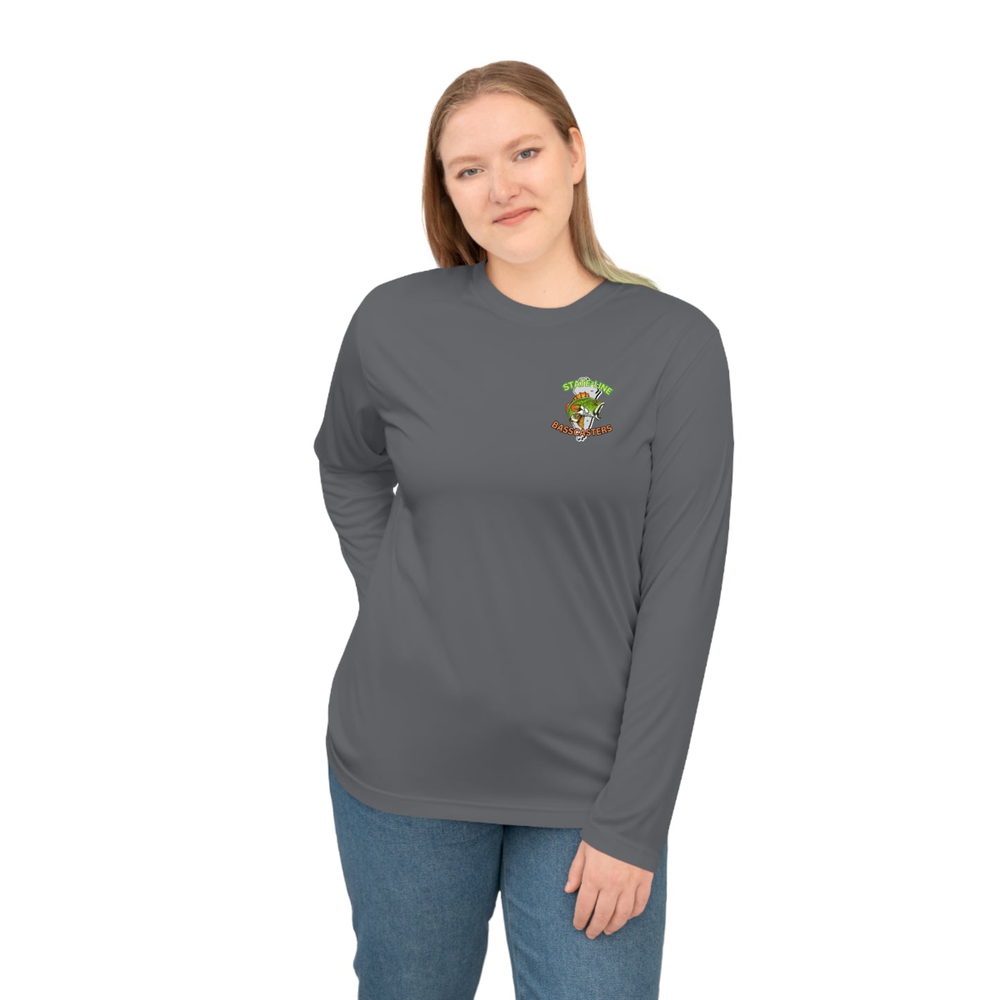 State-Line Basscasters - Unisex Performance Long Sleeve Shirt - FRONT SMALL LARGE BACK