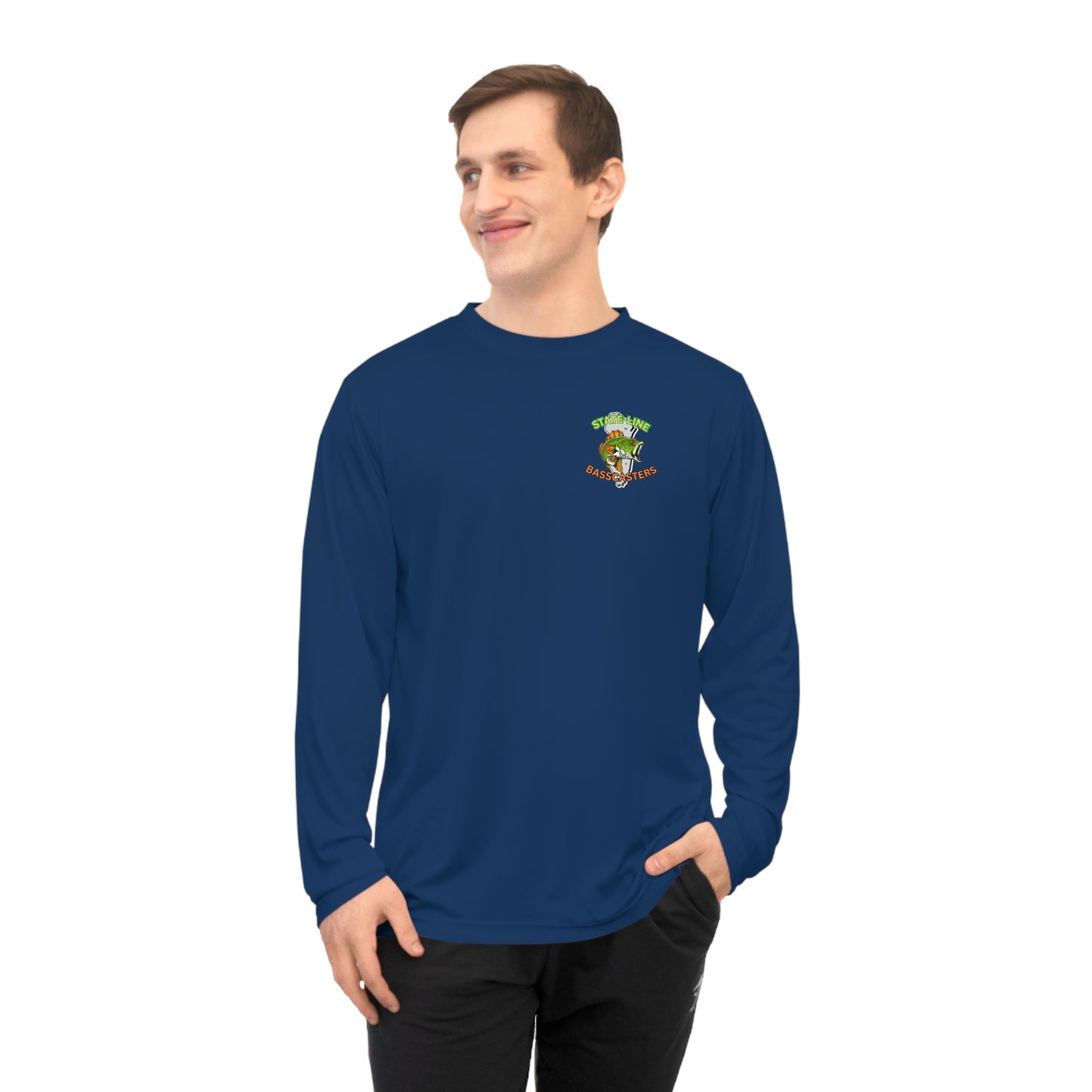 State-Line Basscasters - Unisex Performance Long Sleeve Shirt - FRONT SMALL LARGE BACK